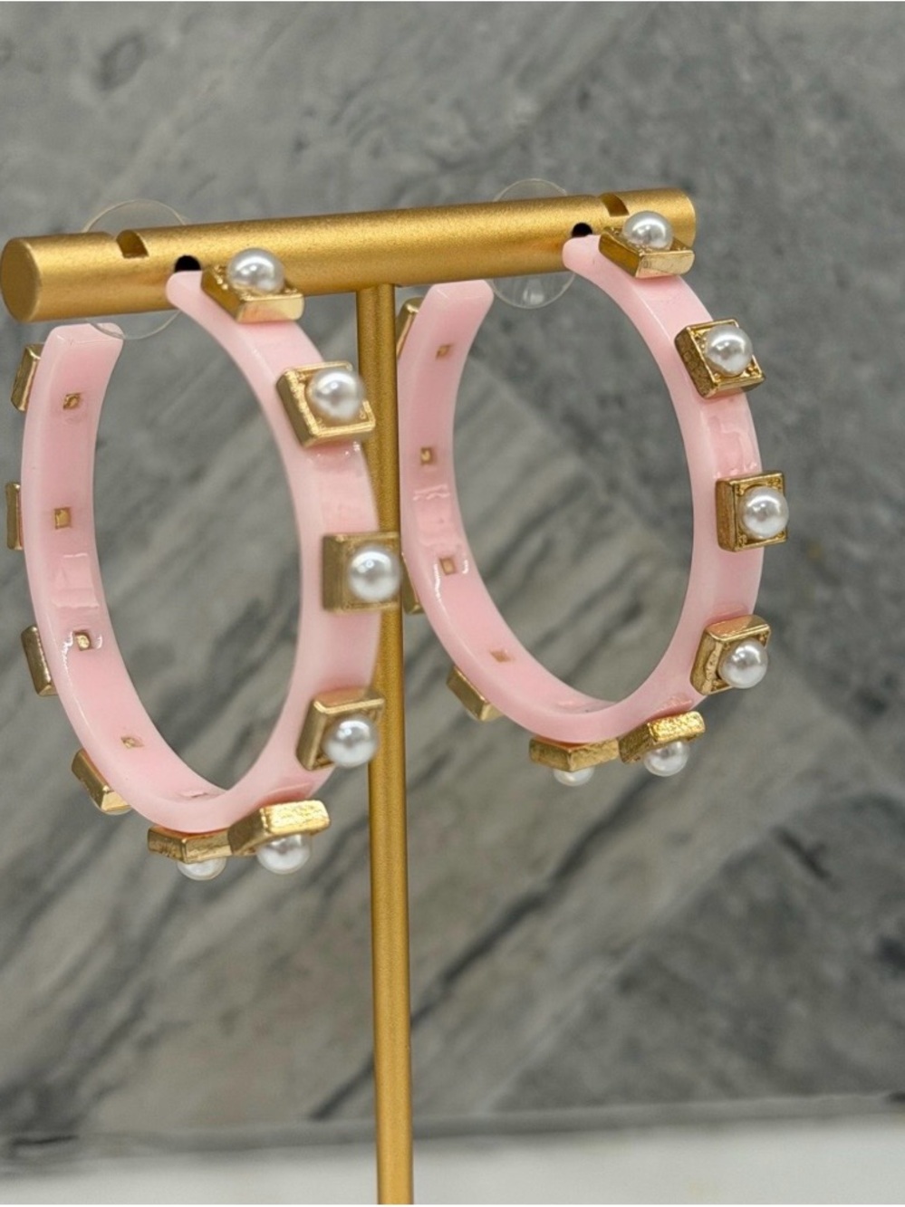 Pink Resin Hoop Earrings with Faux Pearls